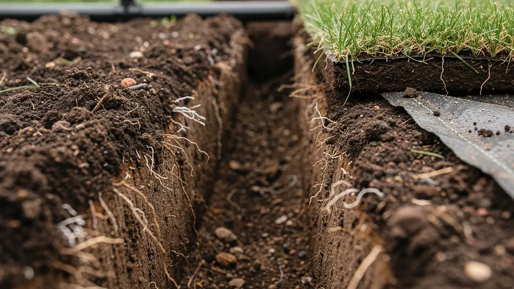 Vue en coupe d'une tranchée en V avec bandes de gazon préservées sur le côté