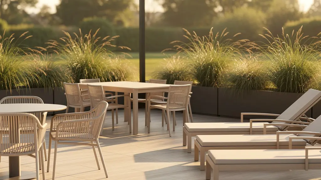 Aménagement de terrasse avec mobilier disposé stratégiquement selon l'ensoleillement et la protection au vent