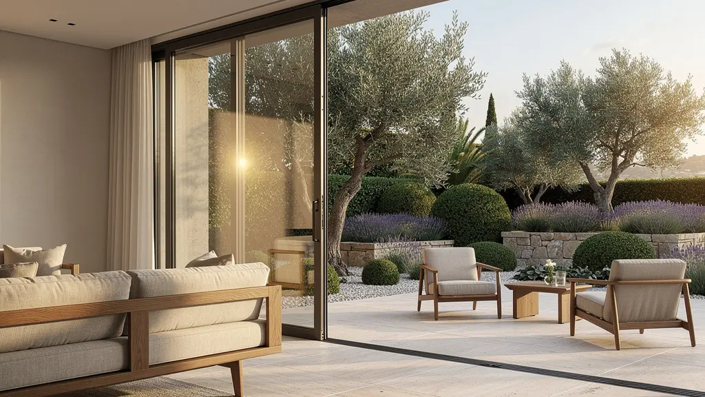 Vue grand angle d'une terrasse moderne en harmonie avec un salon intérieur, baies vitrées ouvertes et mobilier coordonné