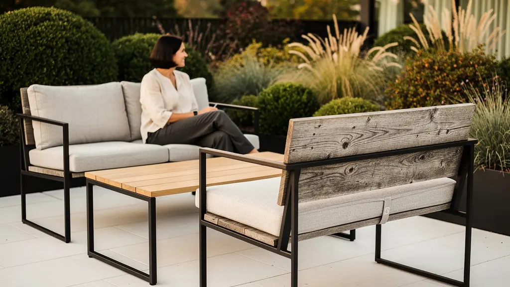 Terrasse élégante mélangeant mobilier contemporain et touches rustiques avec harmonie