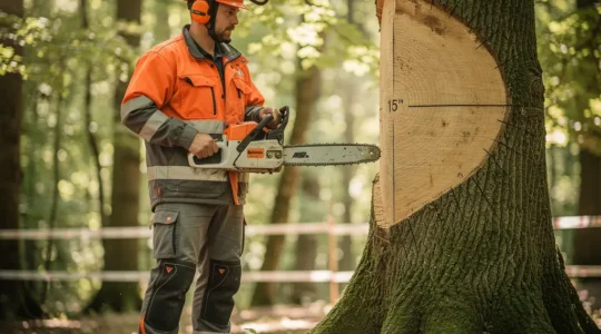 Professionnel équipé démontrant la position sécuritaire d'utilisation d'une tronçonneuse thermique près d'un arbre mature