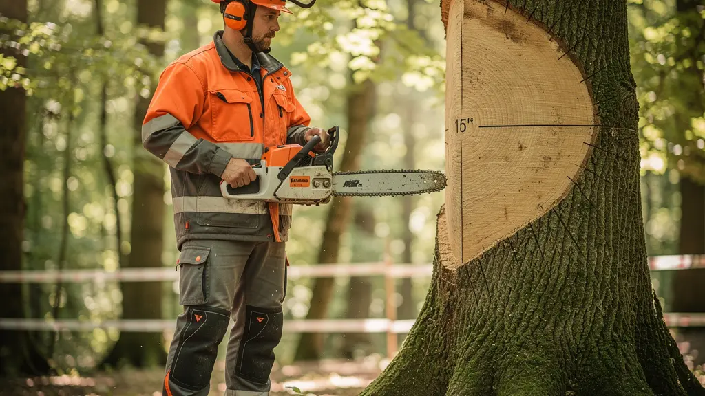 Professionnel équipé démontrant la position sécuritaire d'utilisation d'une tronçonneuse thermique près d'un arbre mature