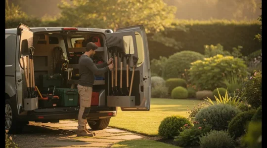 Fourgon utilitaire professionnel de paysagiste aménagé avec outillage de jardin
