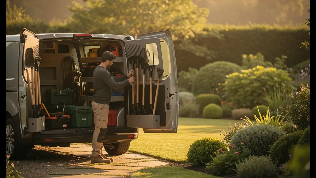 Fourgon utilitaire professionnel de paysagiste aménagé avec outillage de jardin