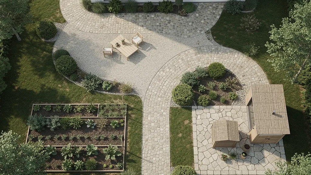 Vue aérienne d'un jardin montrant les différentes zones et chemins de circulation