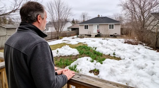 Propriétaire observant son jardin québécois en fin d'hiver avec neige fondante
