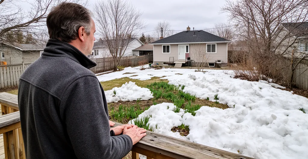 Propriétaire observant son jardin québécois en fin d'hiver avec neige fondante