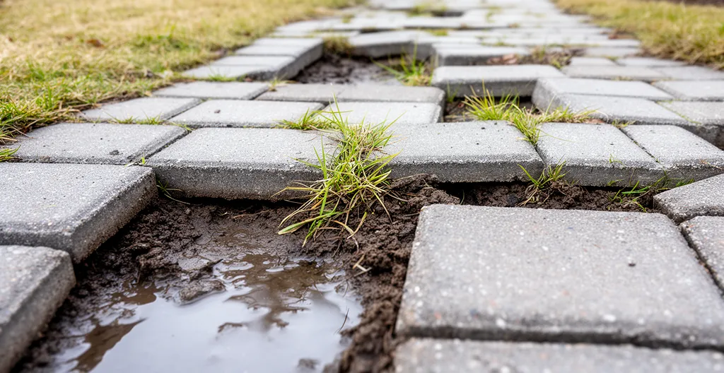 Détail de pavés autobloquants soulevés par le gel dans une allée résidentielle