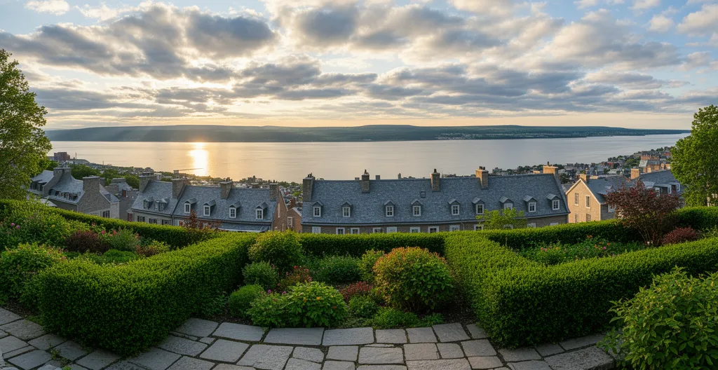 Vue panoramique du fleuve Saint-Laurent depuis Québec avec jardins résidentiels
