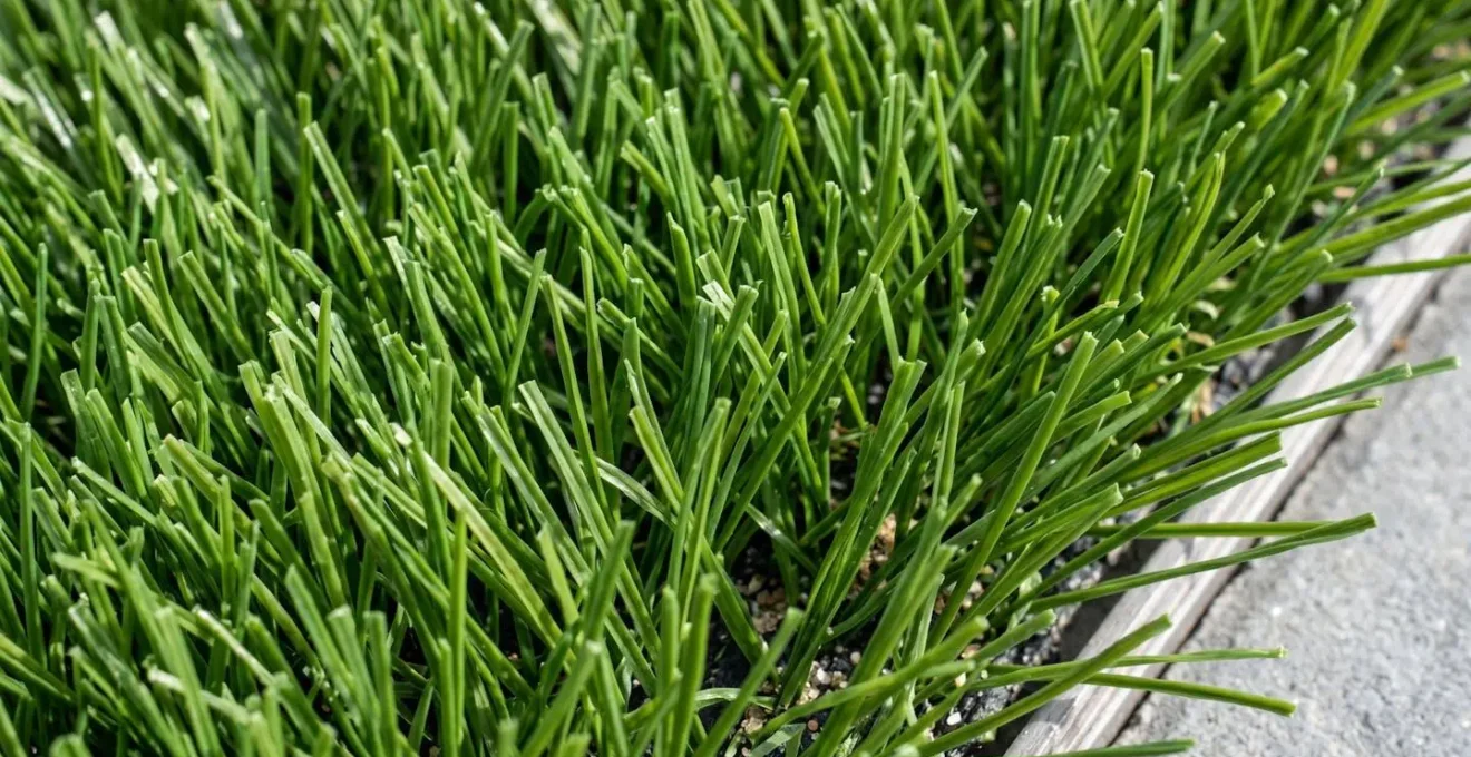 Gros plan de brins de gazon synthétique de haute densité montrant la texture naturelle et les variations de vert