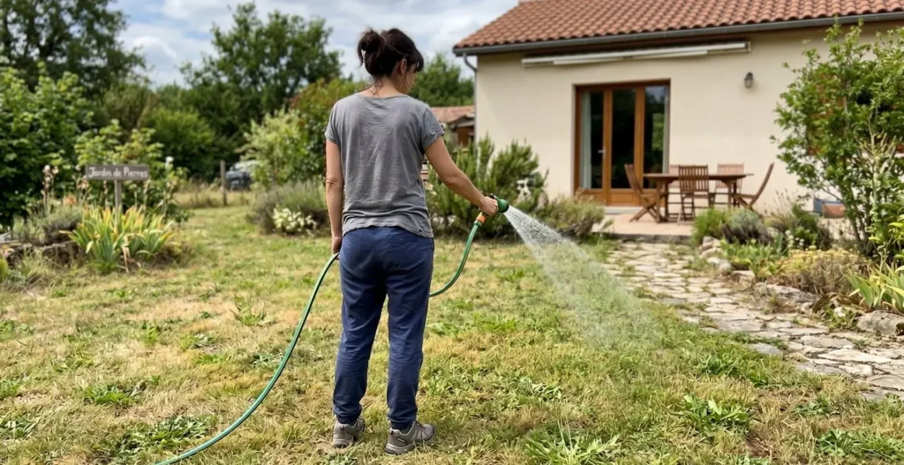 Personne de dos arrosant manuellement une pelouse naturelle présentant des zones jaunies dans un jardin de résidence secondaire