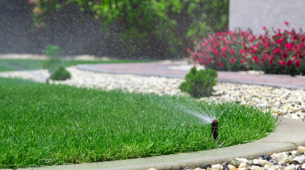 Personne de dos arrosant manuellement une pelouse naturelle présentant des zones jaunies dans un jardin de résidence secondaire Personne de dos arrosant manuellement une pelouse naturelle présentant des zones jaunies dans un jardin de résidence secondaire