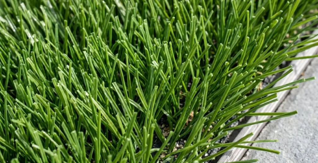 Gros plan de brins de gazon synthétique de haute densité montrant la texture naturelle et les variations de vert Gros plan de brins de gazon synthétique de haute densité montrant la texture naturelle et les variations de vert